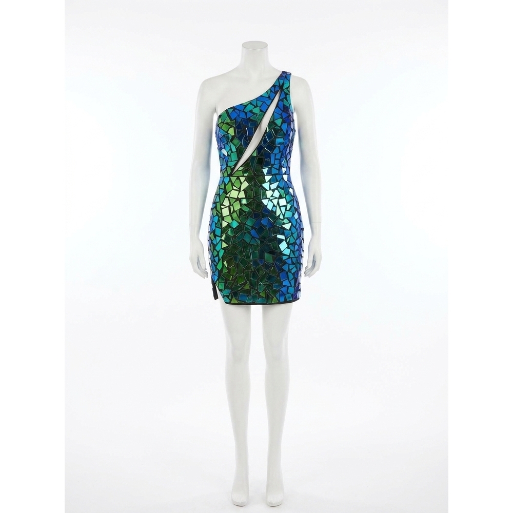 NEW RACHEL ALLAN mirror beaded one shoulder dress in black multi